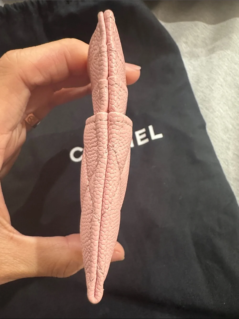 CHANEL Pink Quilted Card Case with Silver CC Charm